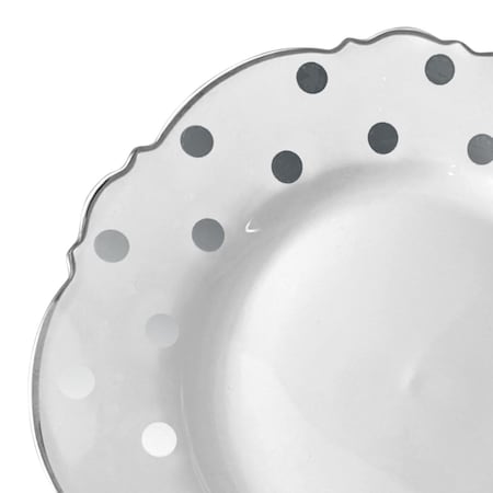 Smarty Had A Party 10.25" White with Silver Dots Round Blossom Disposable Plastic Dinner Plates (120 Plates), 120PK 980-S-CASE
